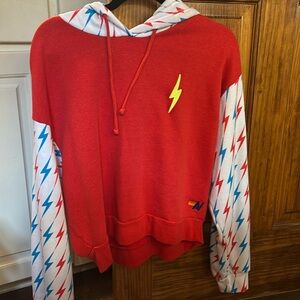 Red white and blue bolt sleeves hoodie from Aviator Nation.